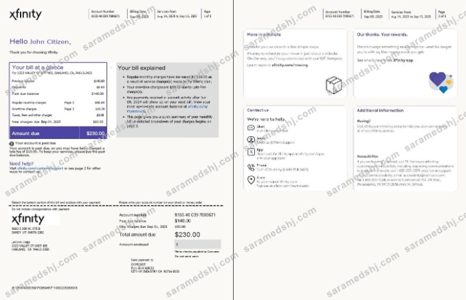 USA Xfinity utility bill template in Word and PDF formats, 3 pages, version 3, 1-2 pages